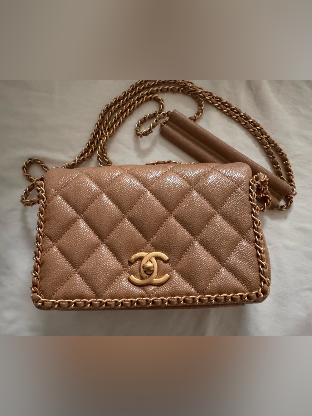 Authentic CHANEL Never Ending Chain Mini beige caviar leather Flap aged gold hw